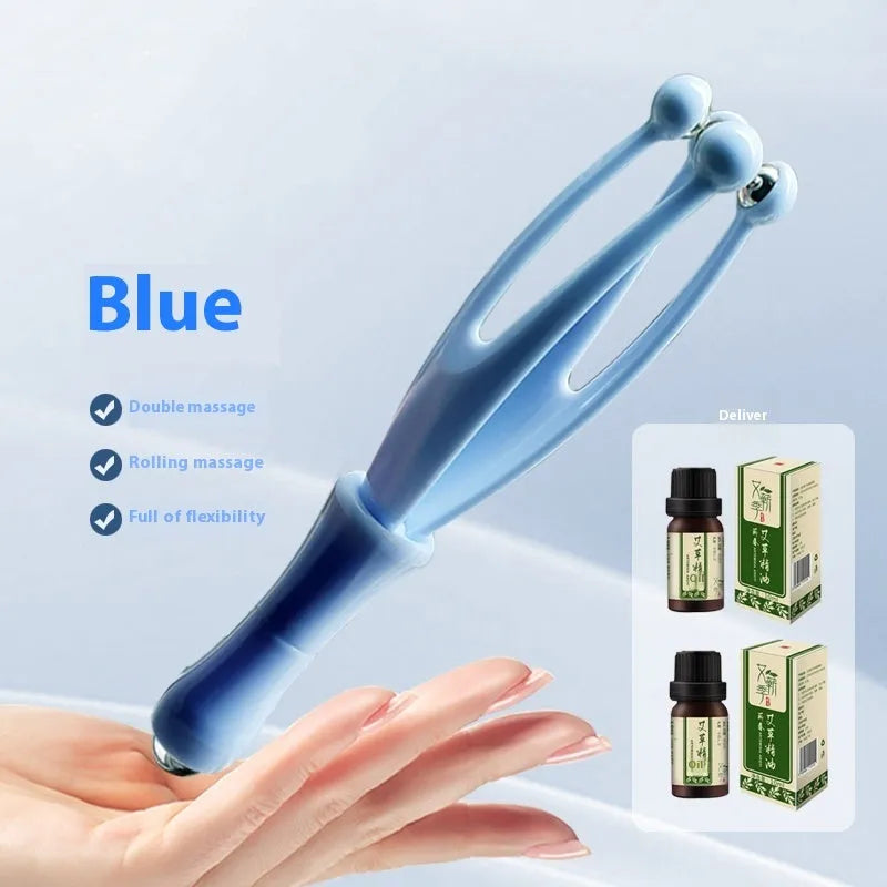 Blue and white finger massager with steel ball rollers for hand and joint tension relief