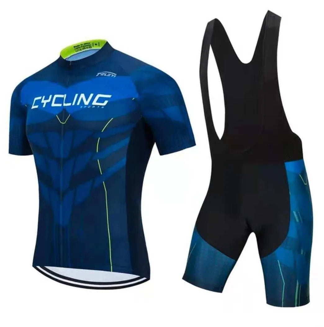 A short-sleeved cycling jersey and pants set for men and women, shown in one of seven available colour styles.