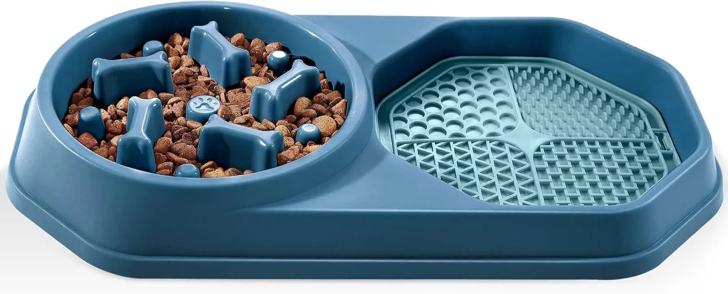 Blue interactive slow feeder dog bowl with puzzle pattern and non-slip base for small medium sized dogs