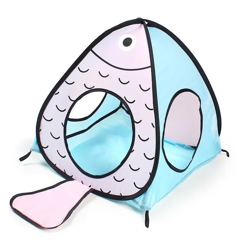 Foldable pet tent and tunnel set with cat and fish design for indoor cat play