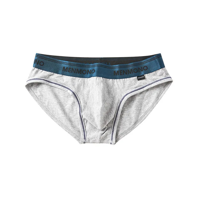 Men's low waist cotton blend briefs in a grey and blue colour block combination.