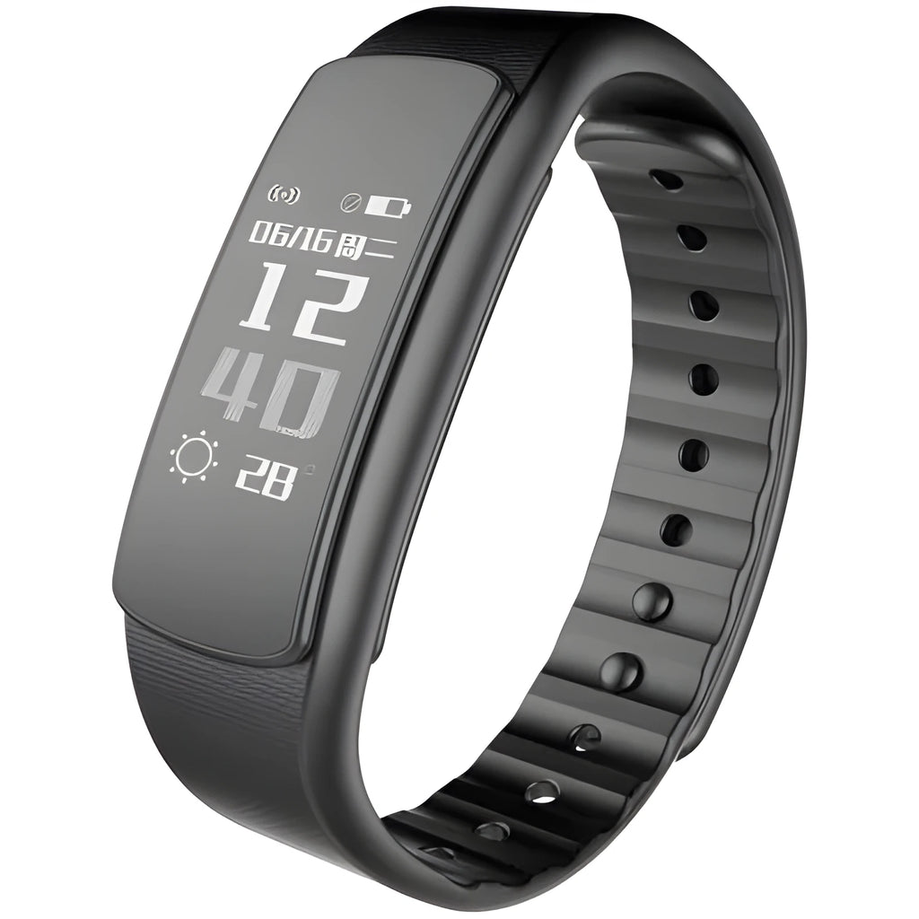 I6 smart sports bracelet with black TPU strap and 0.96-inch touch screen displaying fitness data.
