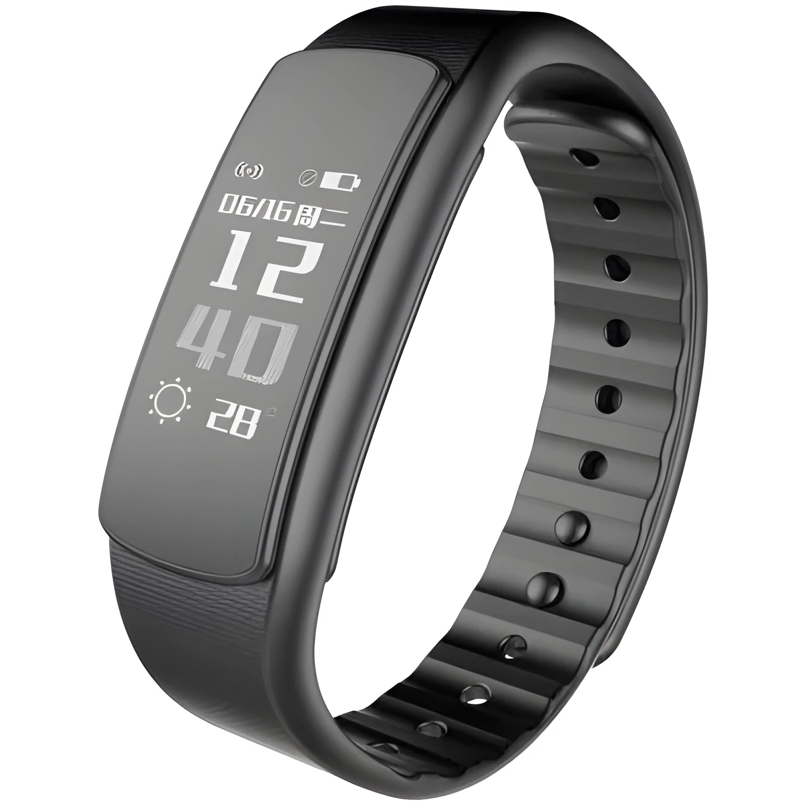 I6 smart sports bracelet with black TPU strap and 0.96-inch touch screen displaying fitness data.