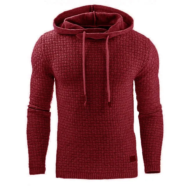 Men's black cotton-polyester blend hooded sweatshirt laid flat, showing front design and hood.