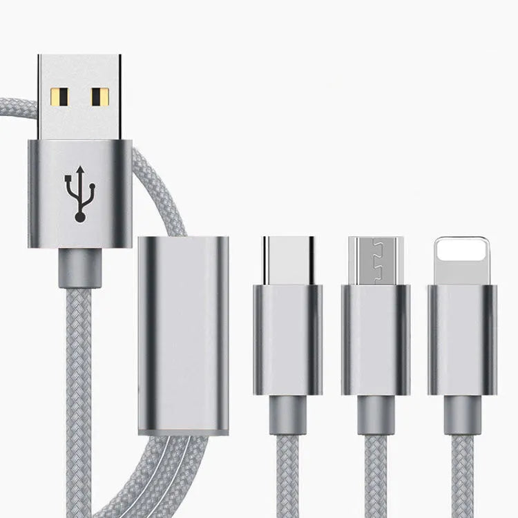 Three-in-one Micro USB charging cable for mobile phones in six colour options