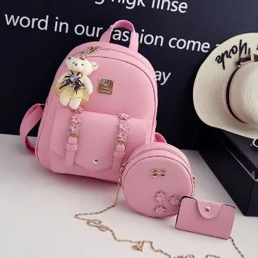 Women's three-piece floral PU leather backpack set with school backpack, shoulder bag, and card purse