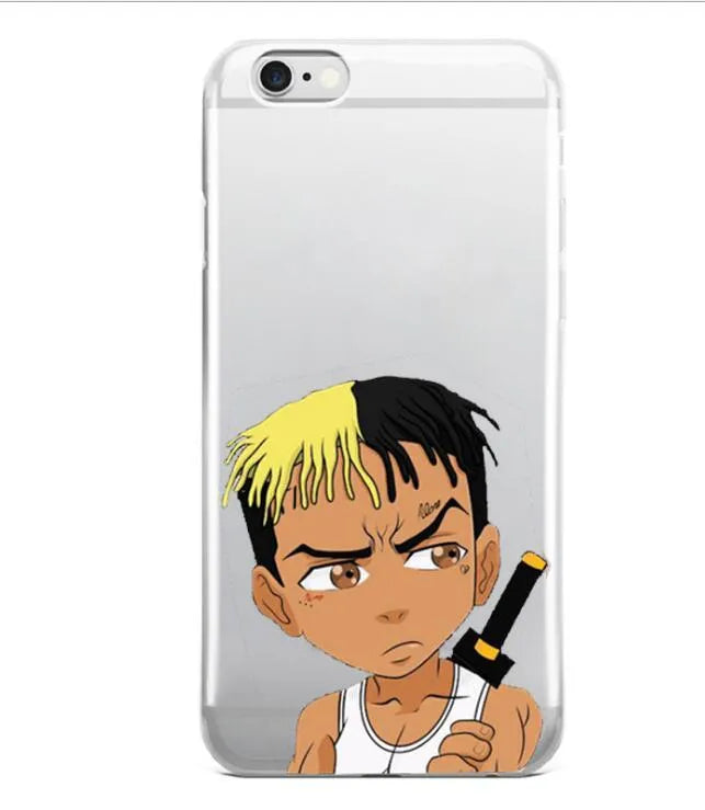 Transparent matte iPhone case featuring an Xxxtentacion graphic design, showing half-wrapped sides.