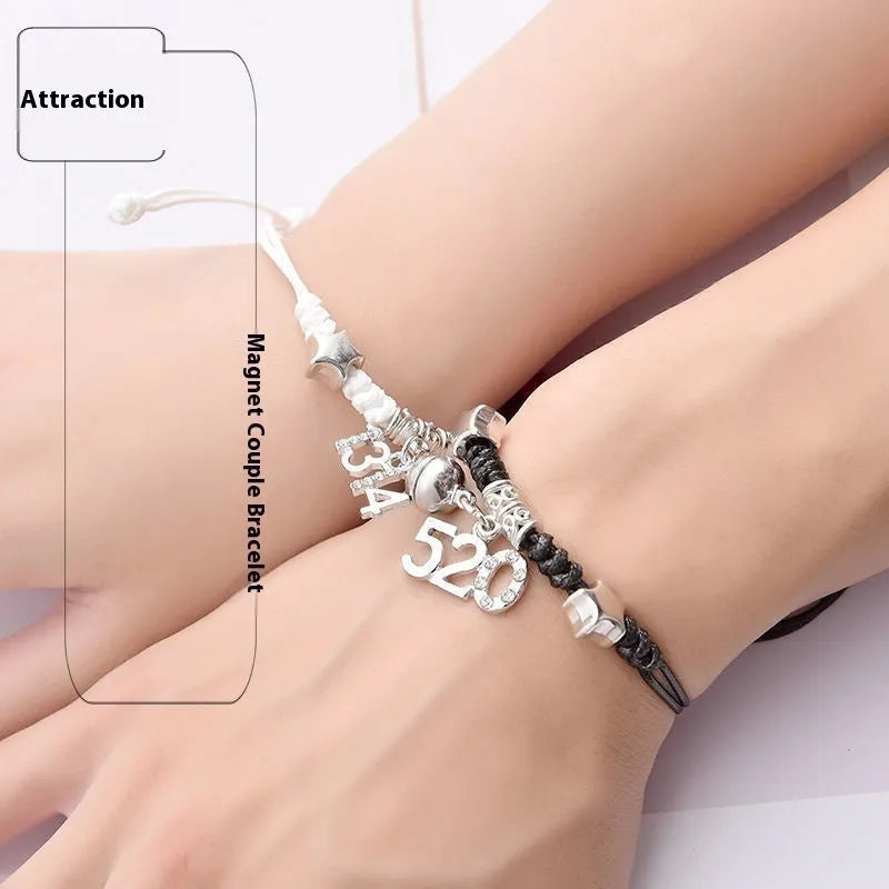 Alloy couple bracelets with magnet closure showing various design options including crown, clover, and text patterns