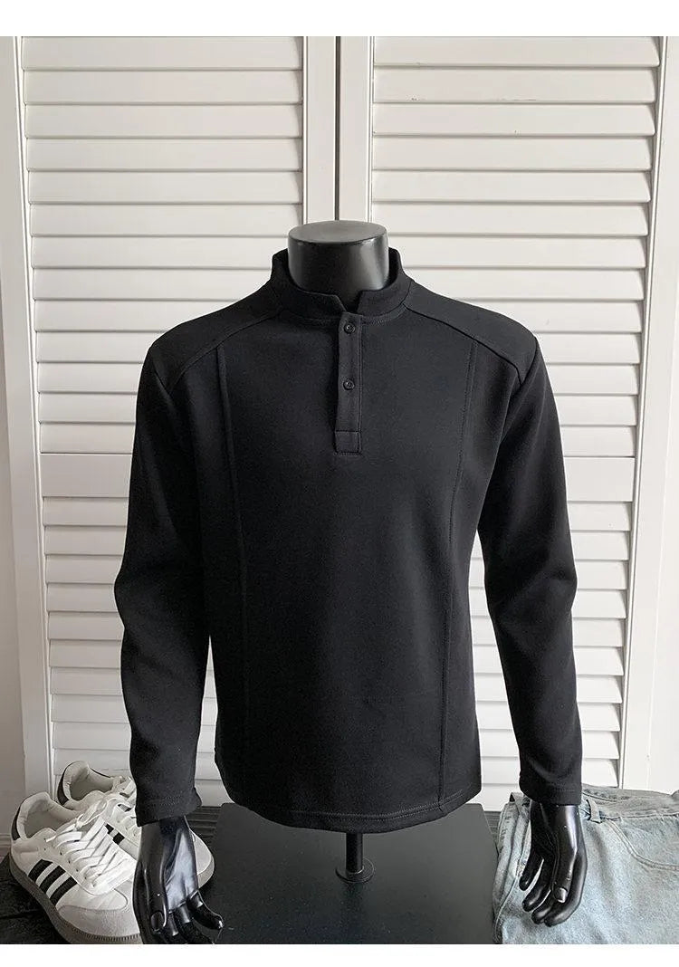 Men's gray patchwork stand-up collar long sleeve cotton sweater shirt on hanger