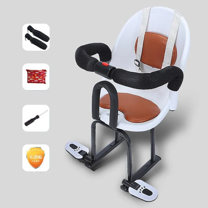 High carbon steel front seat for children's battery scooter in black, red, or white colour options