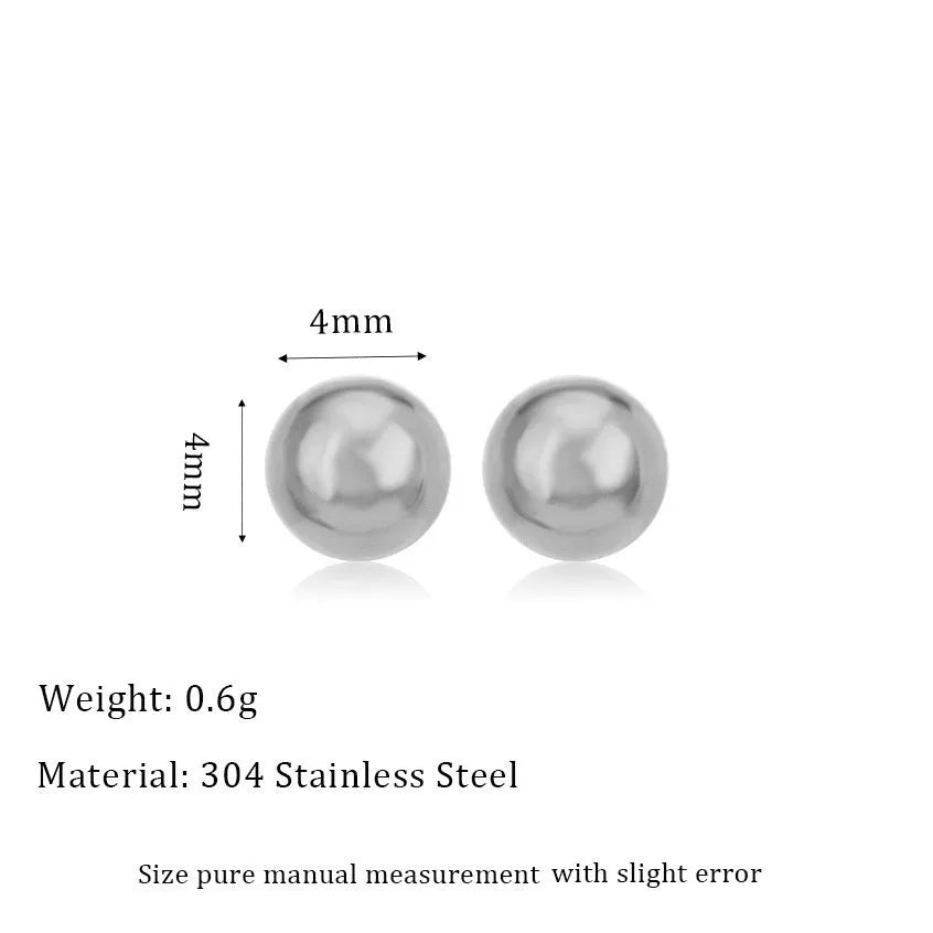 Stainless steel ball stud earrings showing 3mm, 4mm, 5mm, and 6mm sizes with gold and silver finishes