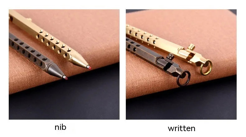 Retro brass hexagonal bolt pen with 6-angle machine signature design and 0.5mm writing tip