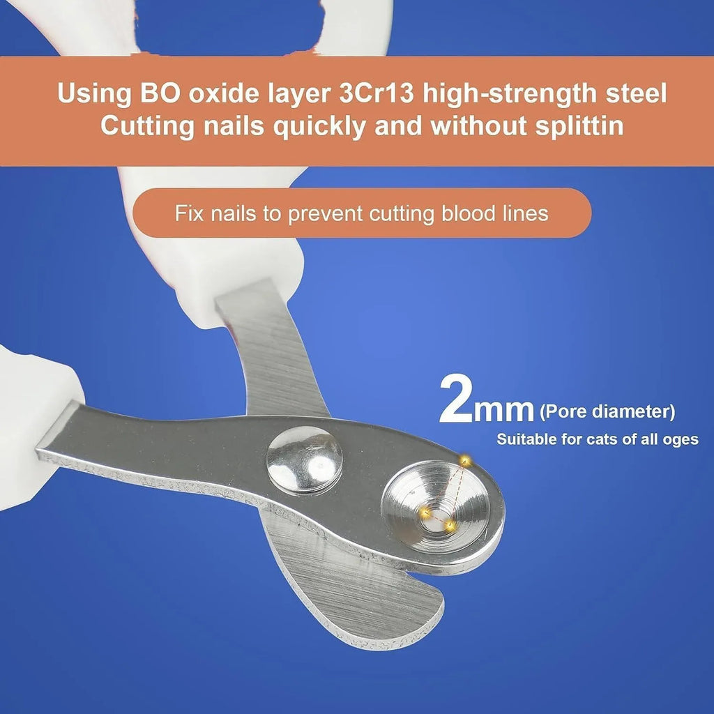 Blue pet nail clippers with circular safety hole and cushioned non-slip handle for trimming cat and bird nails.