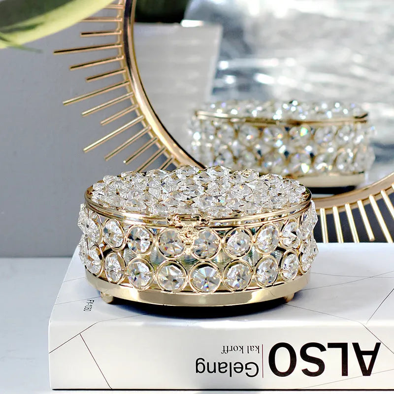French gold European style jewelry storage box with crystal glass transparent panels and iron construction