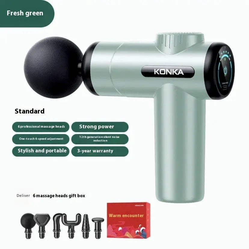 Konka professional mini electric massage gun with multiple attachment heads on a grey background