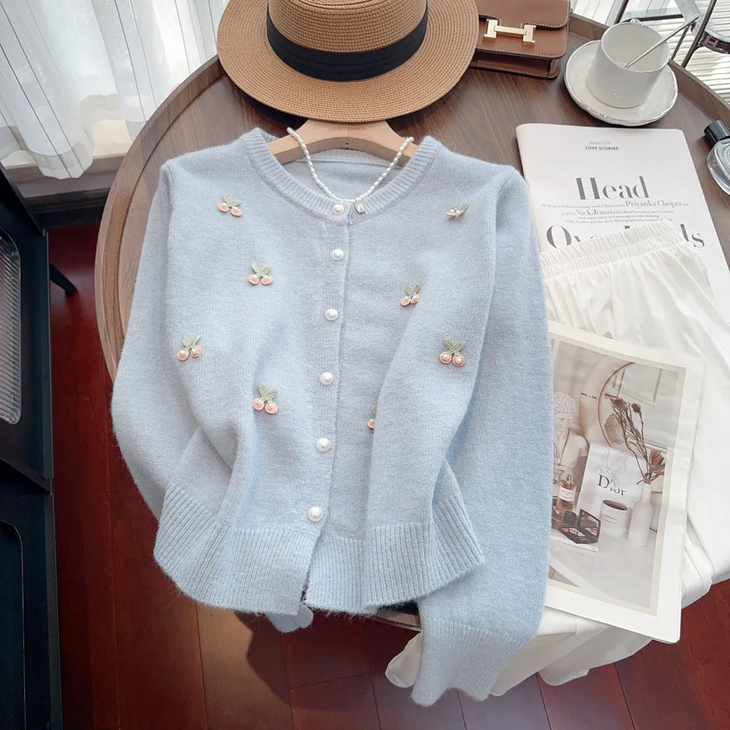 French sweet style cashmere cardigan coat with beaded detail in slim fit free size