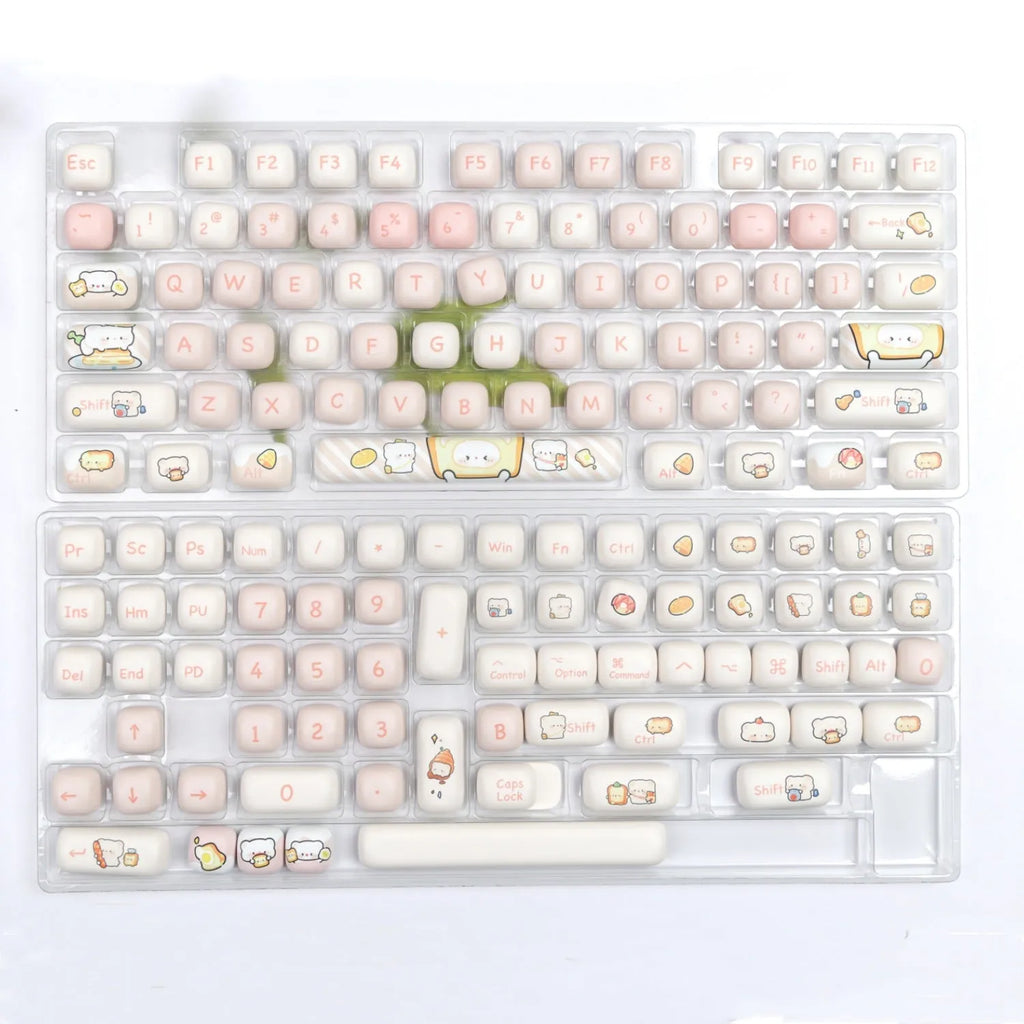 Full set of PBT sublimation keycaps with bear and steamed bread design for mechanical keyboards