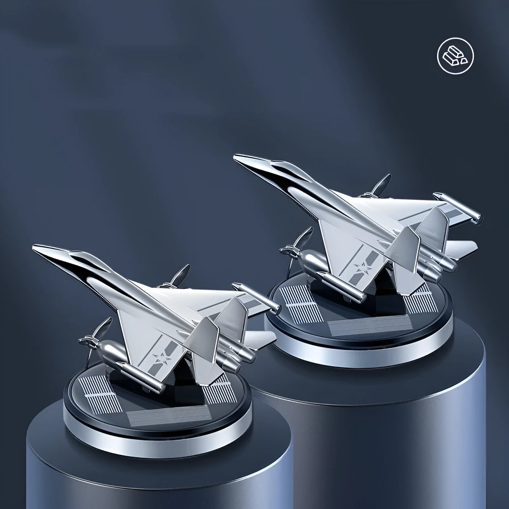 Solar powered rotating fighter jet perfume ornament in aluminium alloy with essential oil bottle