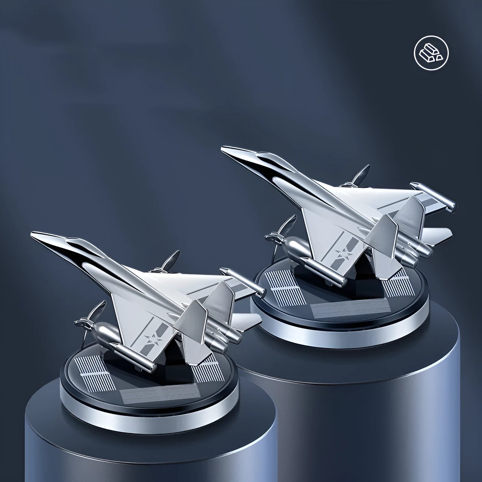 Solar powered rotating fighter jet perfume ornament in aluminium alloy with essential oil bottle