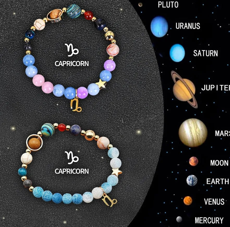 Natural stone beaded bracelets for the twelve zodiac signs laid out in a set.