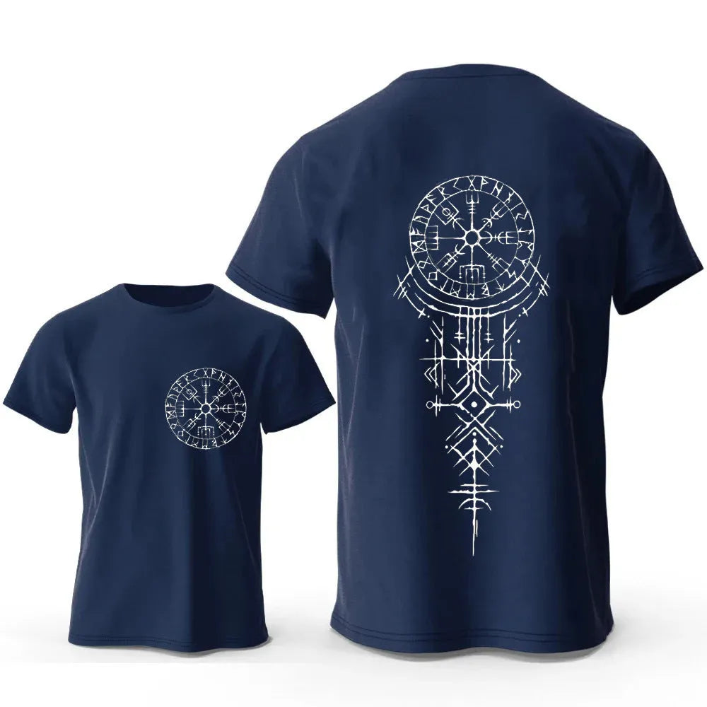 Men's grey T-shirt with a detailed Viking compass and smiling face graphic print on the chest.