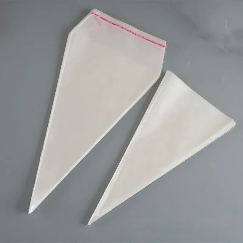 Clear triangle-shaped plastic packaging bag with a silver tie wire closure, shown in three different sizes.
