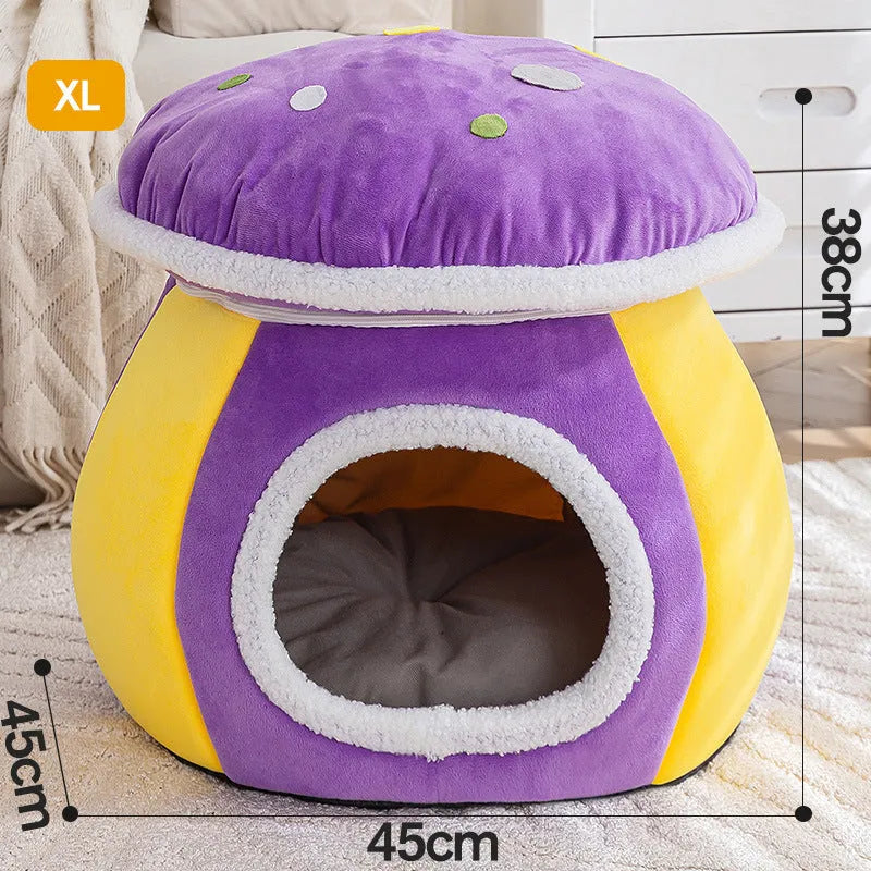 Mushroom-shaped cat nest with detachable thermal blanket in rabbit plush material