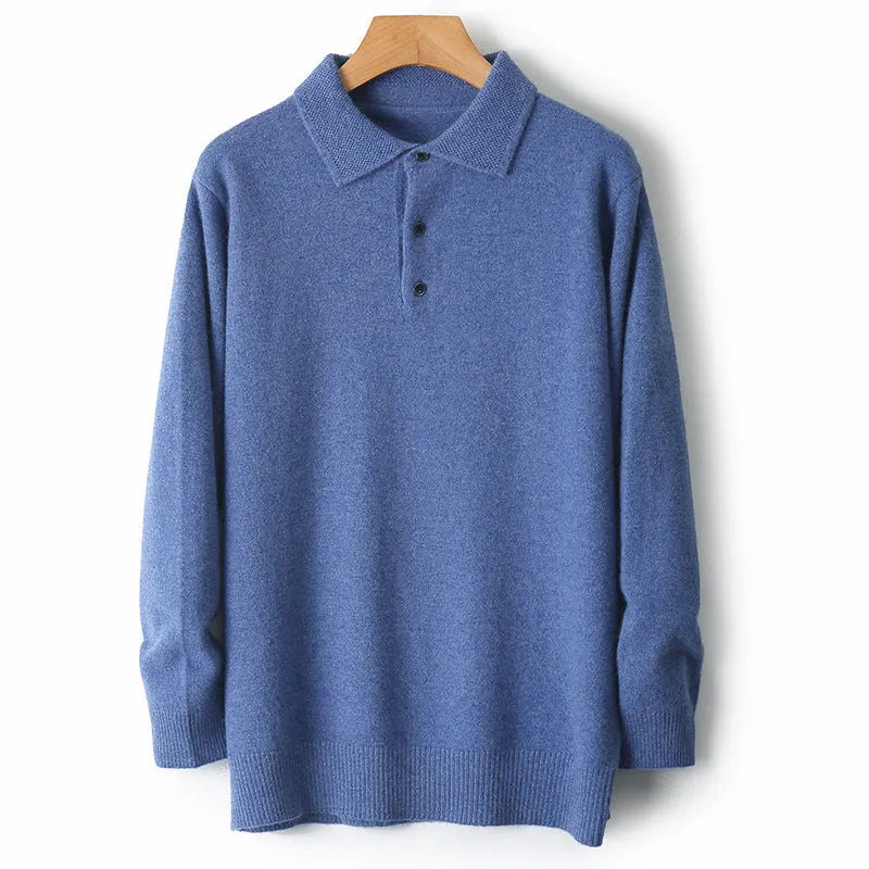 Man wearing a men's grey polo collar wool sweater pullover with long sleeves.
