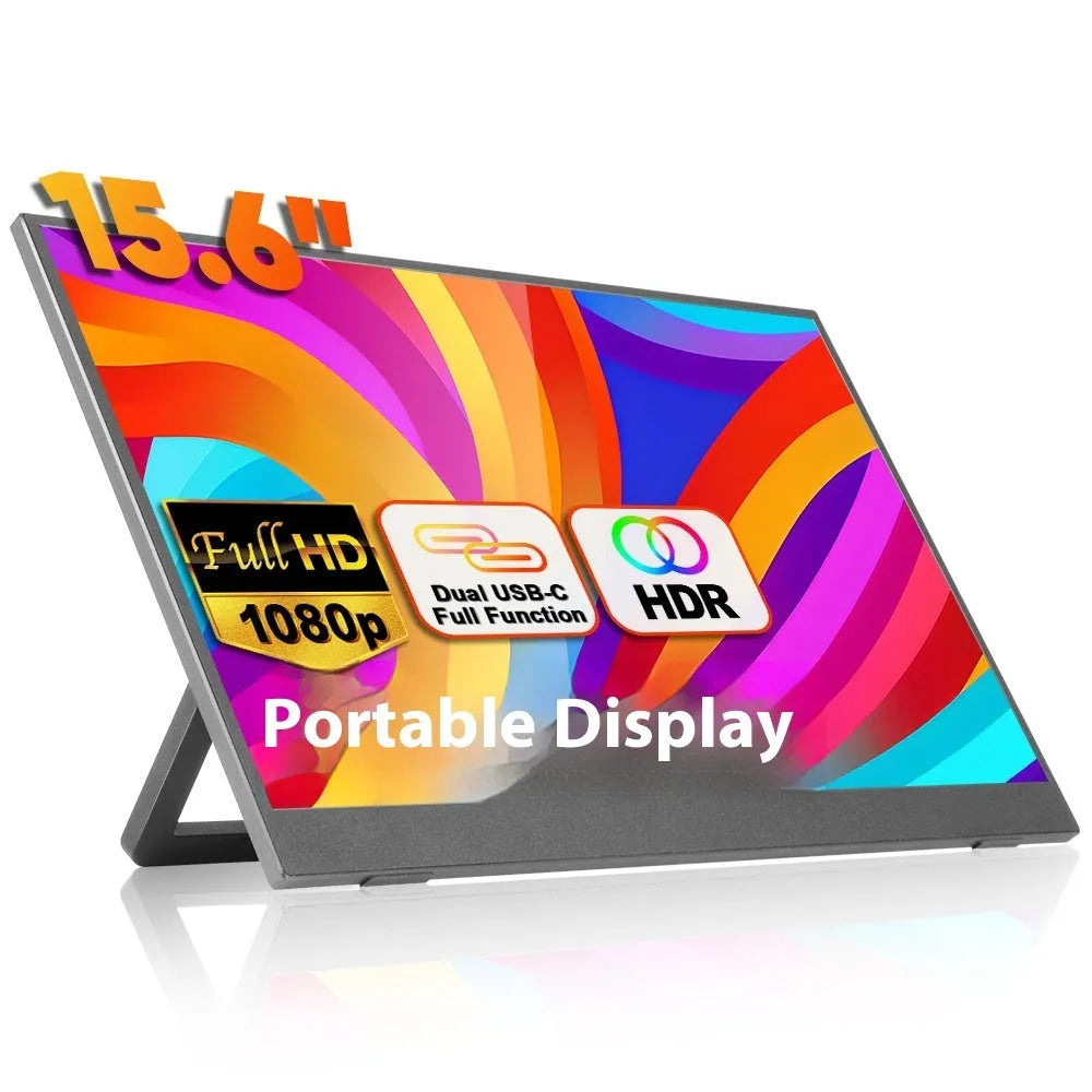 Black 15.6 inch portable computer monitor with adjustable stand on office desk