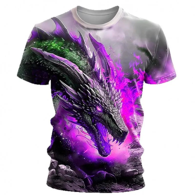 Men's grey T-shirt with detailed 3D wind dragon graphic print on front, short sleeves