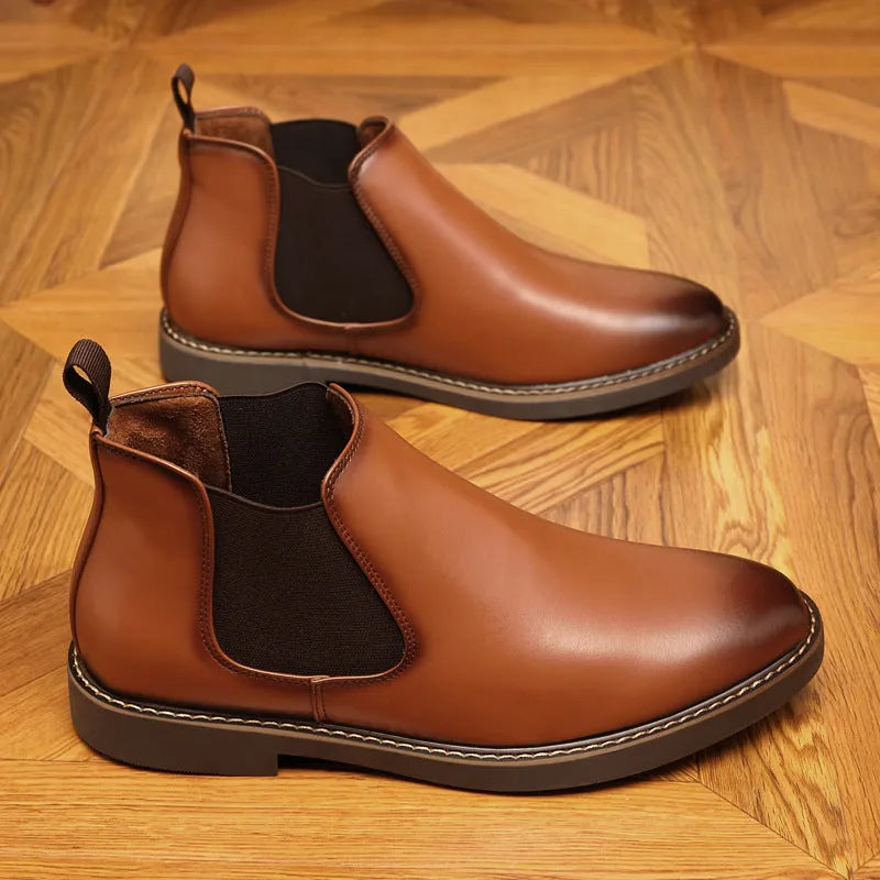 Black and brown formal pointed-toe leather boots with square heel and rubber sole.
