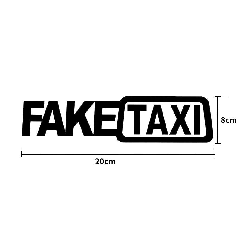 FAKE TAXI waterproof car warning sticker in black, white, or yellow, measuring 20 by 8 centimetres.