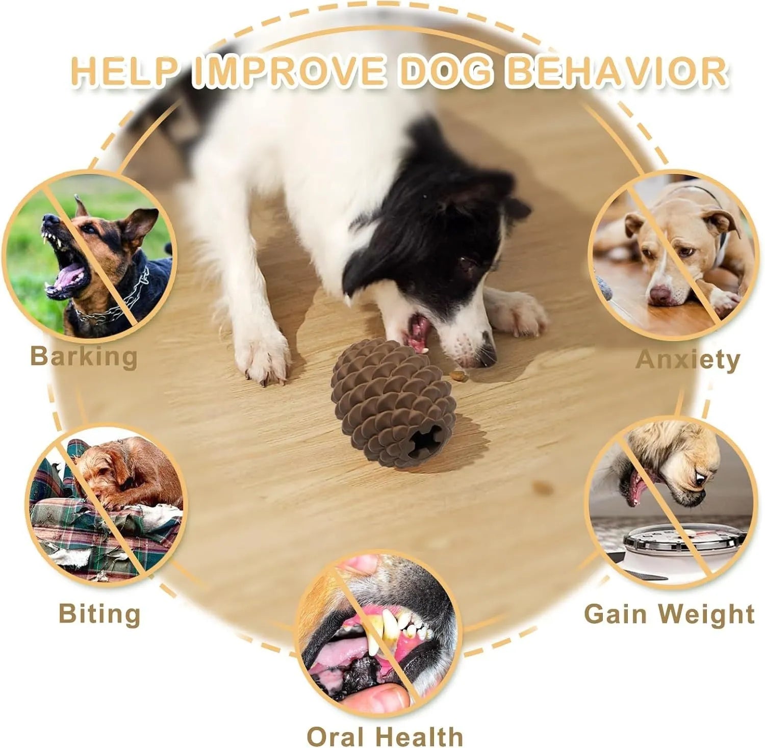 Yellow natural rubber pine cone-shaped dog chew toy with treat dispenser hole.