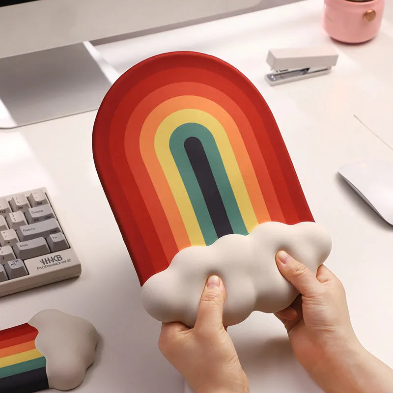 Silicone desk mat set with cloud-patterned wrist support and keyboard rest