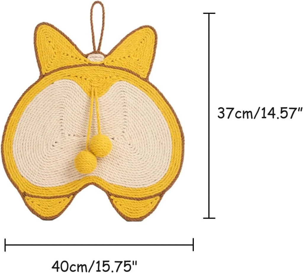 Yellow cat scratching pad with corgi butt design on natural sisal surface, 37cm by 40cm with anti-slip base