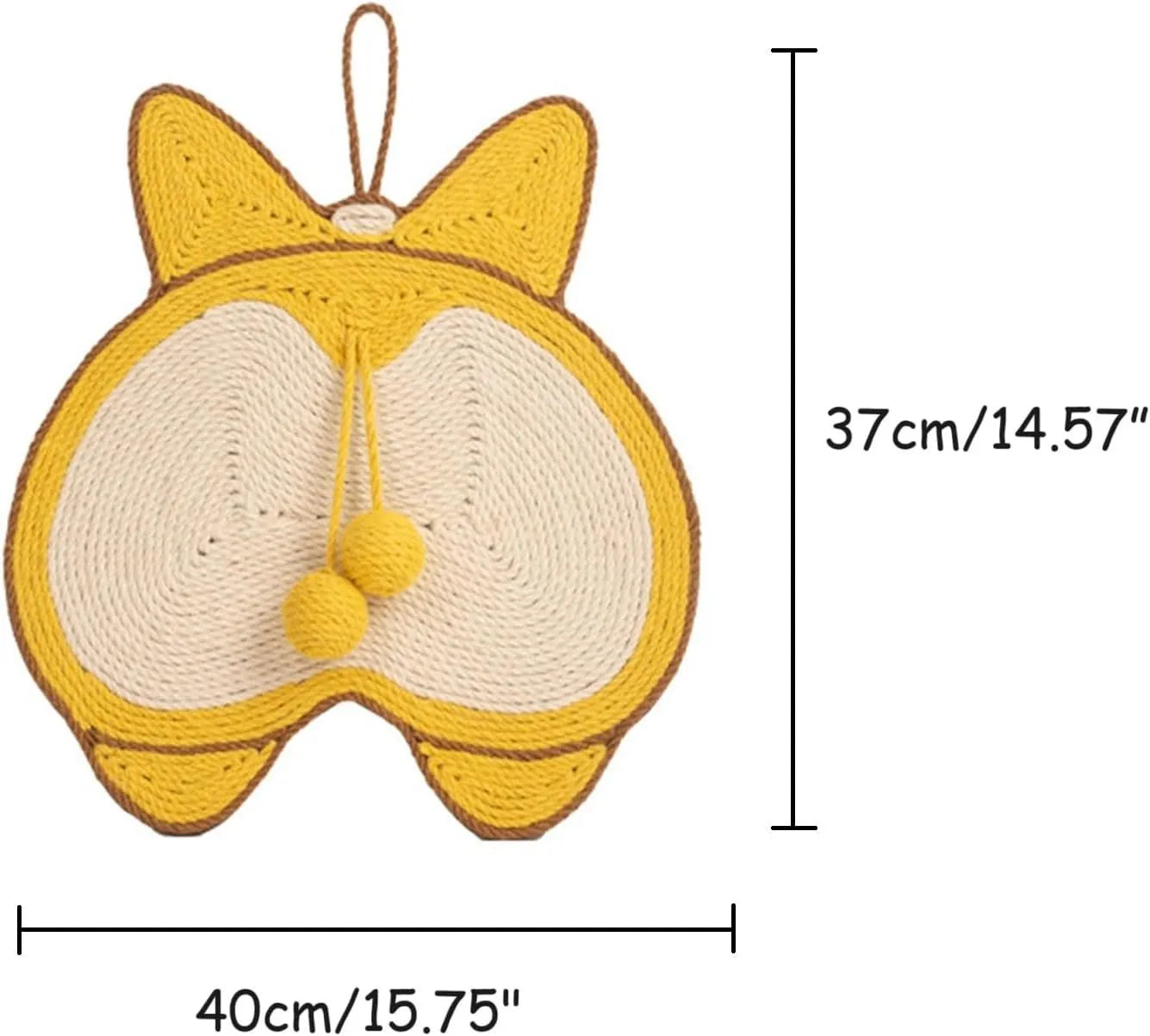 Yellow cat scratching pad with corgi butt design on natural sisal surface, 37cm by 40cm with anti-slip base