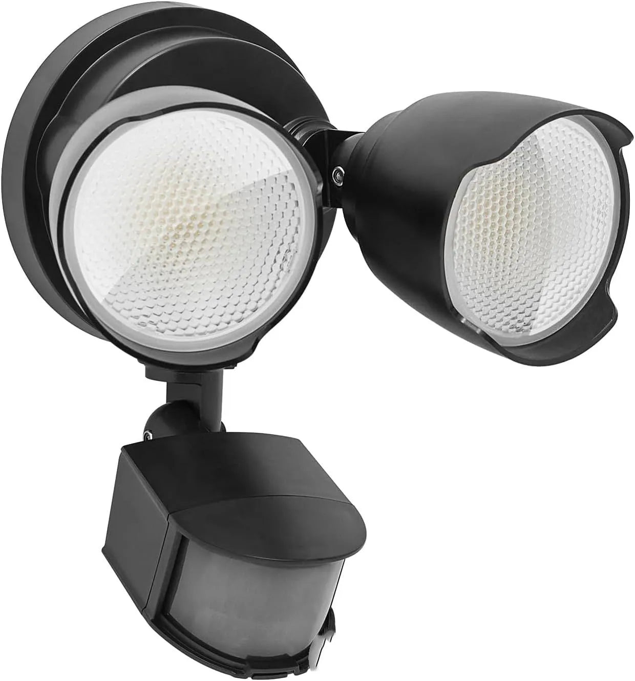 White outdoor LED security flood light with motion sensor showing dimensions 200x195x168mm