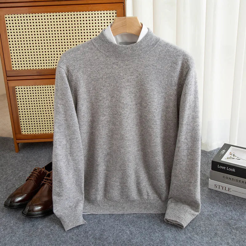 Men's loose fit half-collar wool sweater in a light business style, shown in a range of colours.
