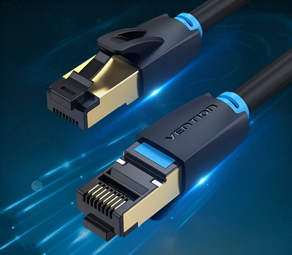 CAT8 shielded network cable with RJ45 connectors in flat and round styles for 10G high-speed indoor networking