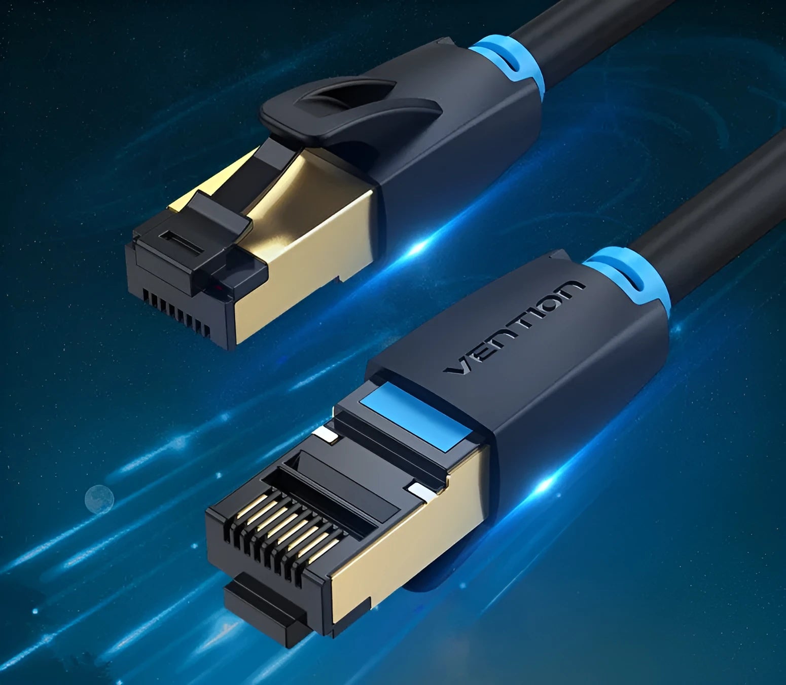 CAT8 shielded network cable with RJ45 connectors in flat and round styles for 10G high-speed indoor networking