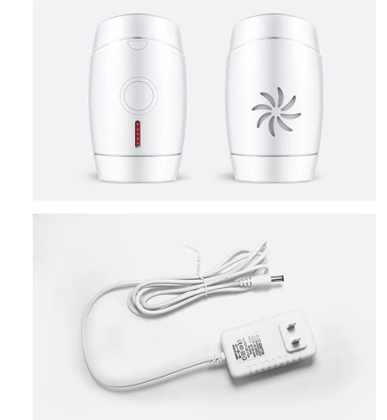 White home laser hair removal instrument measuring 14.3cm tall with 5 energy settings and UK plug