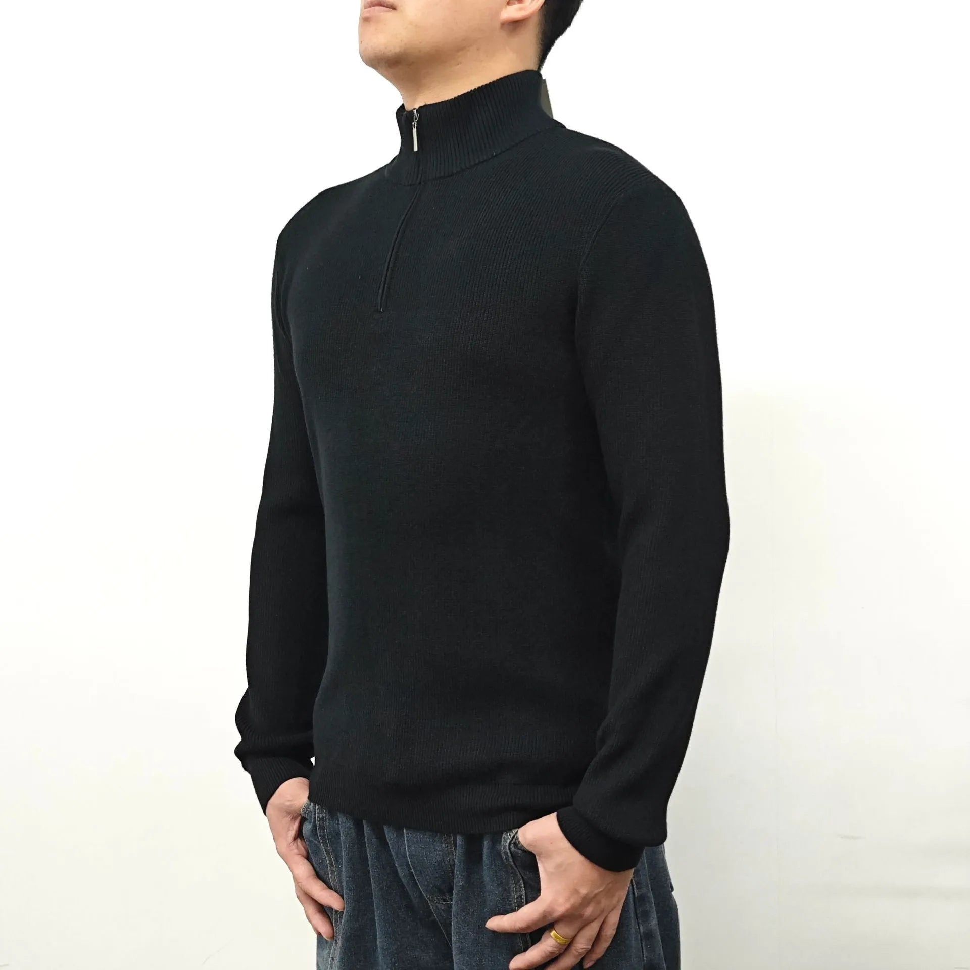 Men's half-turtleneck zip-front sweater in a cotton blend fabric, shown in multiple colours.