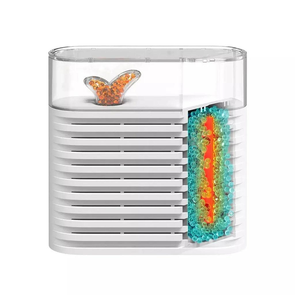 White recyclable cabinet dehumidifier box with transparent top showing colour-changing crystals