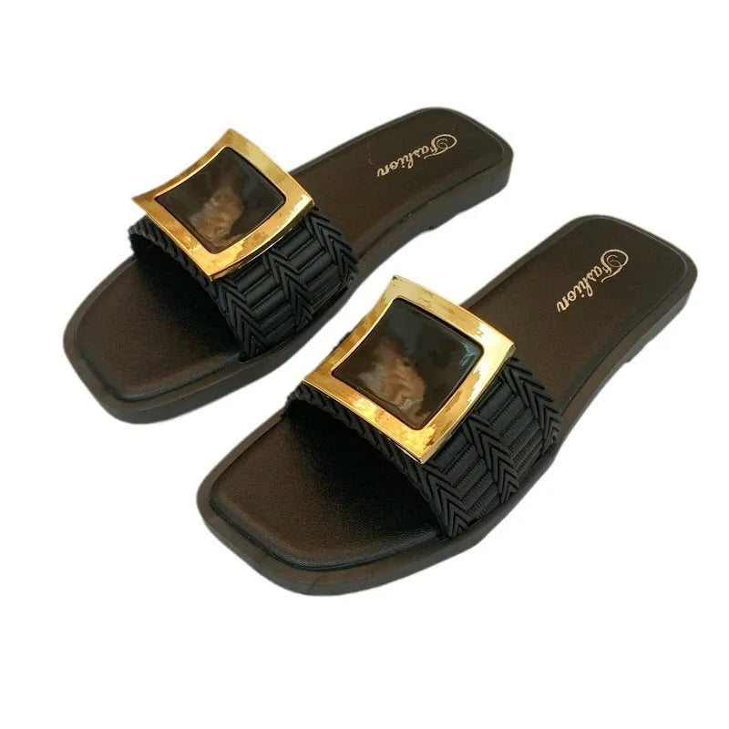 Women's summer flat slippers in apricot colour with waterproof PVC sole