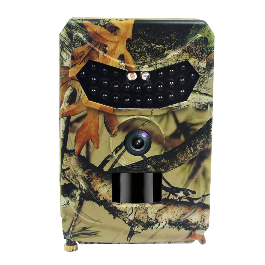 Yellow brown 16MP hunting camera with infrared LEDs and compact plastic housing