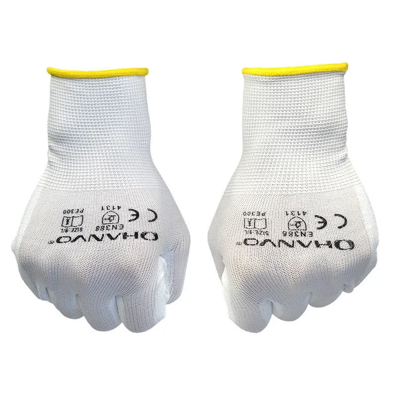 White PU coated labour gloves showing L and M size options with 24cm length measurement