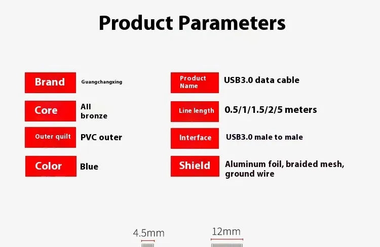 USB 3.0 male-to-male data cable with nickel-plated connectors for external hard drives