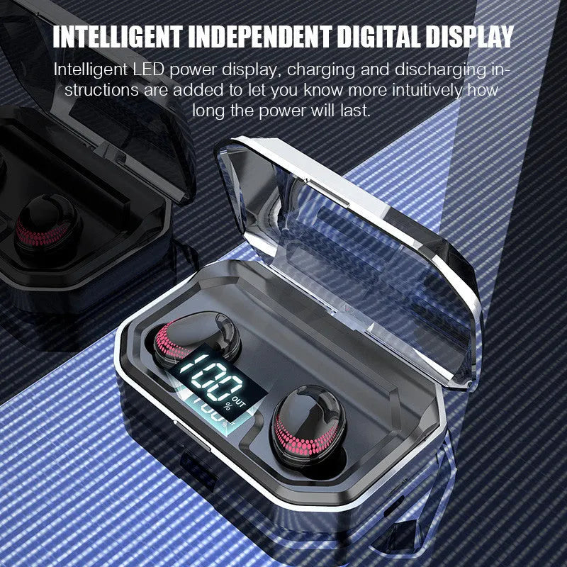 Black X10 Bluetooth wireless earbuds with charging case showing compact design