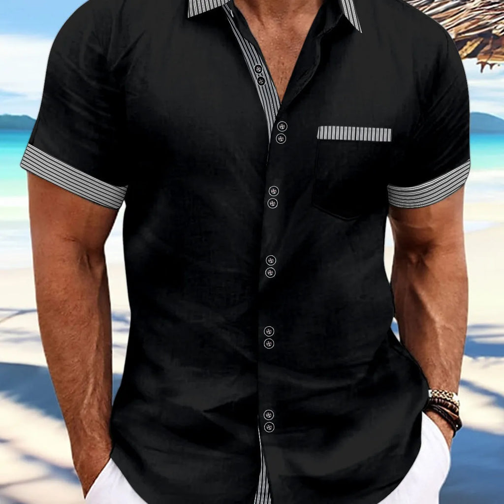 Man wearing a slim fit striped short sleeve cotton shirt with a double button front closure.