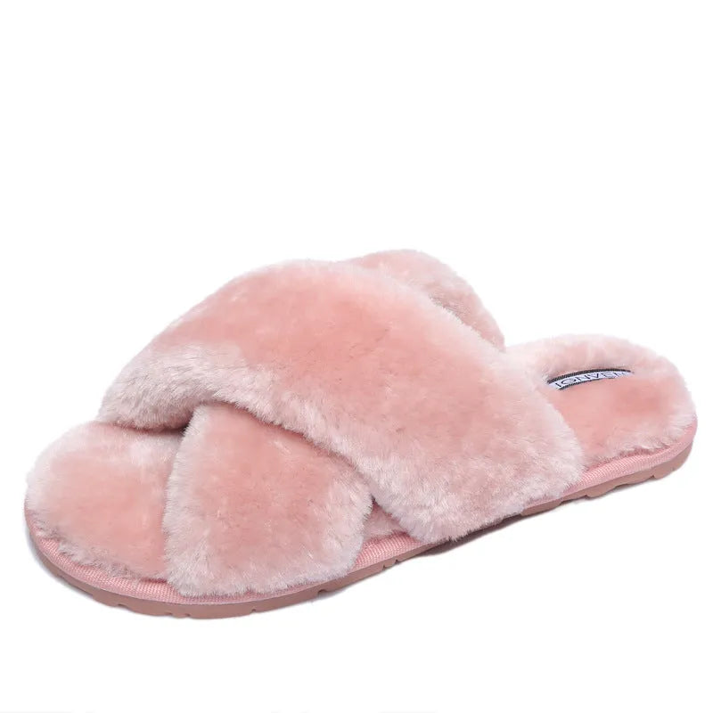 Women's black cross open-toe fur slippers with a patterned anti-slip sole.